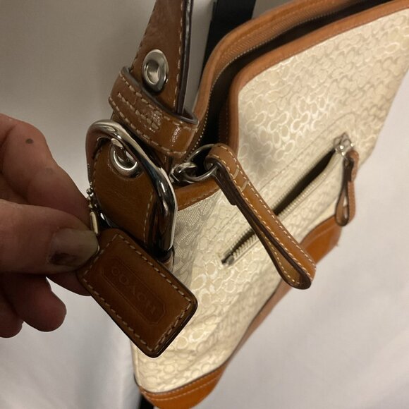 Coach Signature Canvas Crossbody Bag Tan Leather Trim Adjustable Strap - Picture 8 of 9